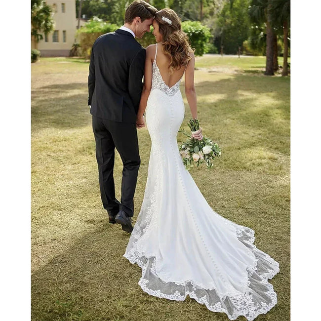 Lace Mermaid Wedding Dresses Sling Sexy V-Neck Women's Open Back Decal Sleeveless Button Long Bridal Gowns Church Sweeping Train Main Image