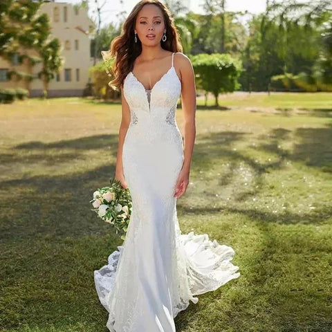 Lace Mermaid Wedding Dresses Sling Sexy V-Neck Women's Open Back Decal Sleeveless Button Long Bridal Gowns Church Sweeping Train