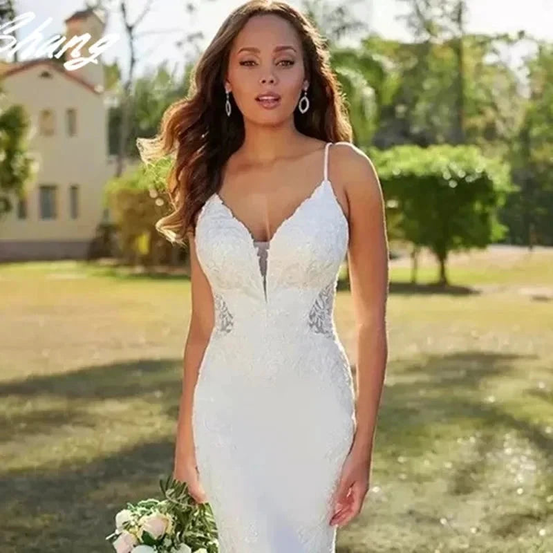 Lace Mermaid Wedding Dresses Spaghetti Straps Sexy V-Neck Backless Appliques Sleeveless Button Long Bride Gown Train Real Photos by payinti