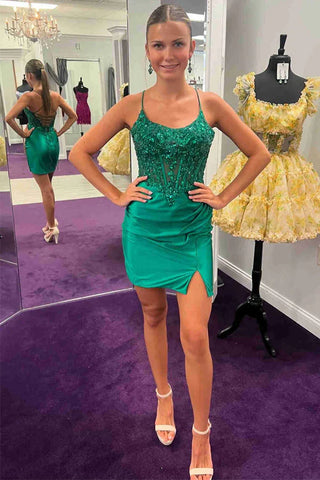 Vestido de cóctel ajustado con cordones en verde para la fiesta de bienvenida PD534