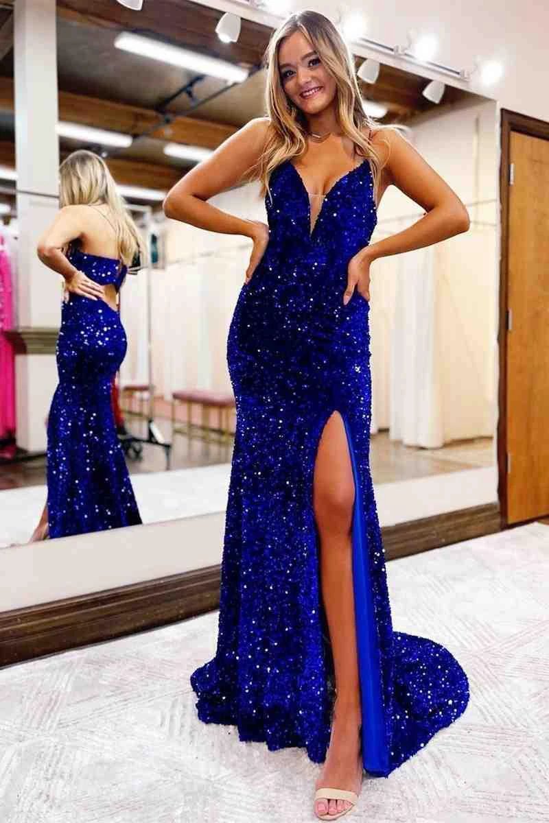 Royal Blue Sequin Prom Dress Split SYP109 by vivymakudress