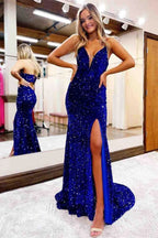 Royal Blue Sequin Prom Dress Split SYP109 by vivymakudress