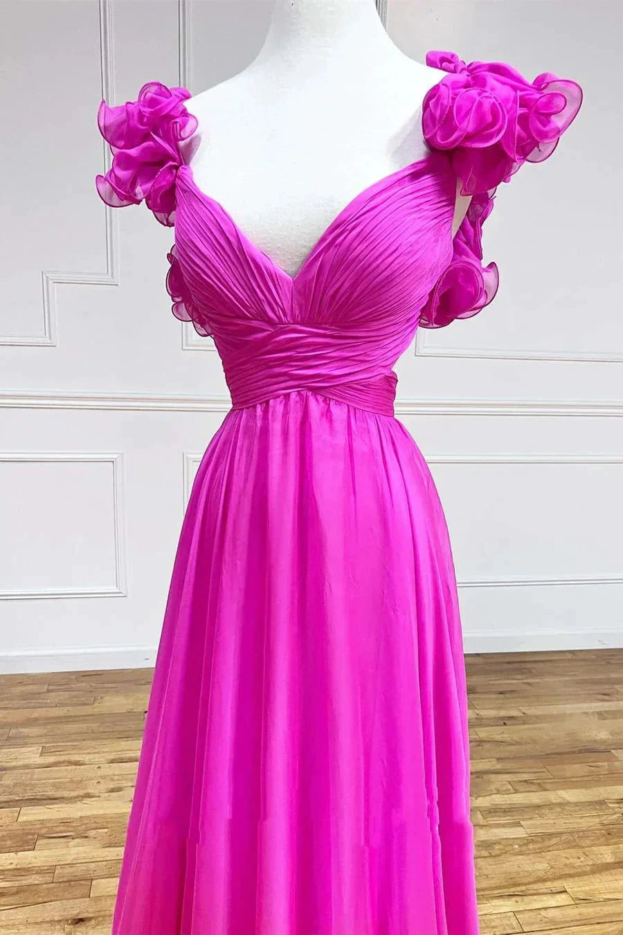 Lace-Up V-Neck Ruffle Pleated Long Prom Dress SYP180 by vivymakudress
