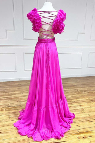 Vestido de fiesta largo plisado con volantes, escote en V y cordones SYP180