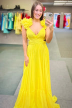 Lace-Up V-Neck Ruffle Pleated Long Prom Dress SYP180 by vivymakudress