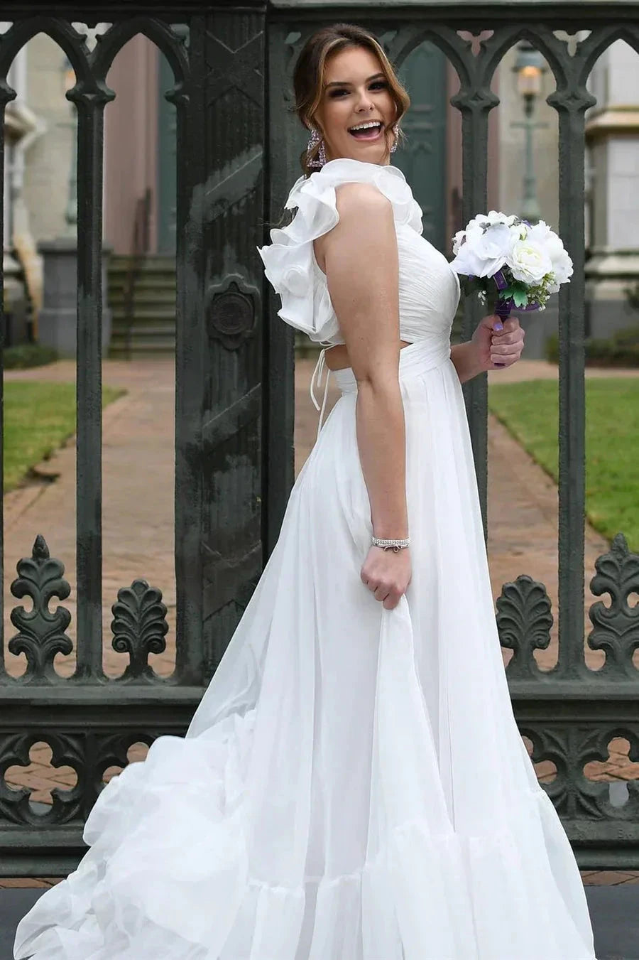 Lace-Up V-Neck Ruffle Pleated Long Prom Dress SYP180 by vivymakudress