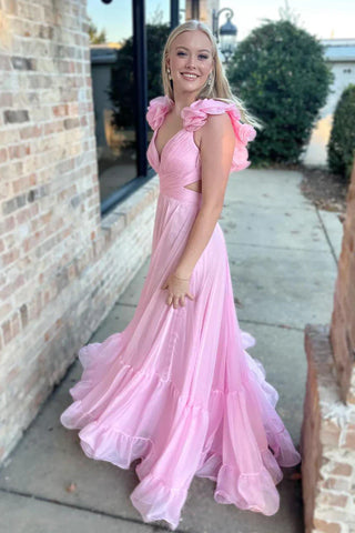 Vestido de fiesta largo plisado con volantes, escote en V y cordones SYP180