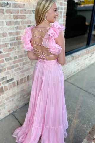 Vestido de fiesta largo plisado con volantes, escote en V y cordones SYP180