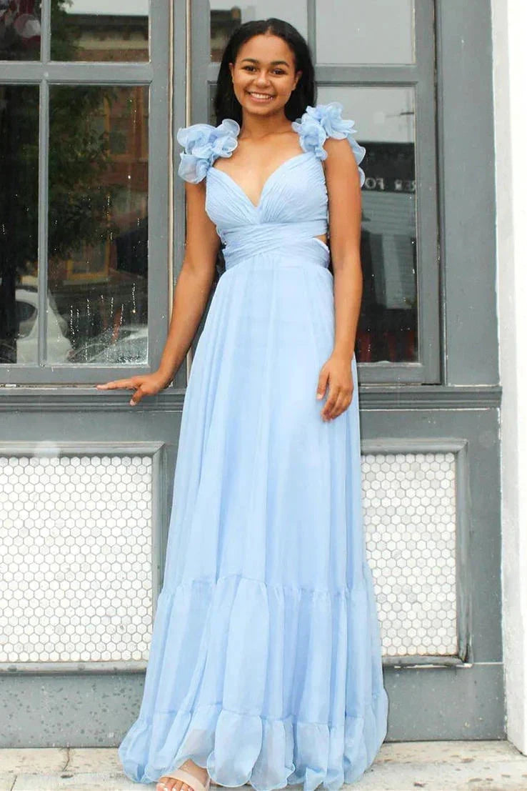 Lace-Up V-Neck Ruffle Pleated Long Prom Dress SYP180 by vivymakudress