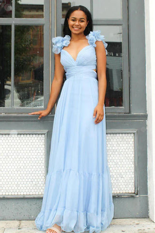 Vestido de fiesta largo plisado con volantes, escote en V y cordones SYP180