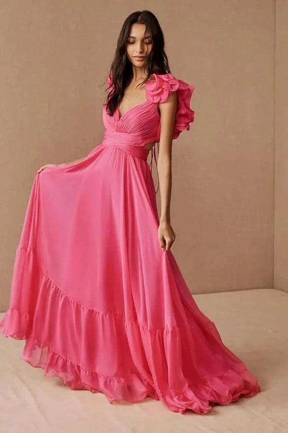 Lace-Up V-Neck Ruffle Pleated Long Prom Dress SYP180 by vivymakudress