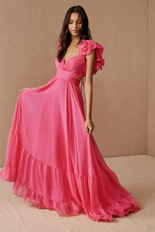 Vestido de fiesta largo plisado con volantes, escote en V y cordones SYP180