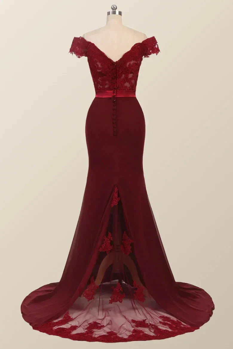 Lace Burgundy Bridesmaid Dress Off-the-Shoulder Mermaid Prom Dresses by MyChicDress