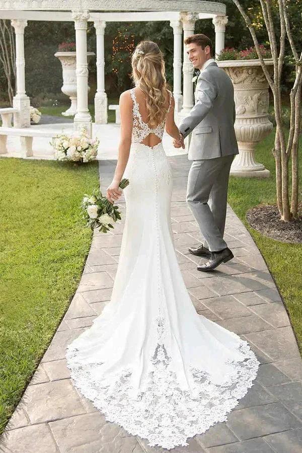 Lace Straps Court Train Mermaid Ivory Wedding Dress WD709 by pgmdress