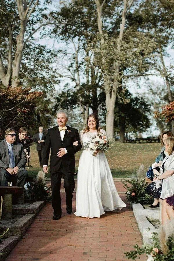 Lace Top Ivory Chiffon Plus Size Wedding Dresses with Long Sleeves WD462 by pgmdress