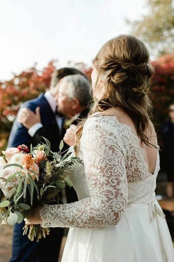 Lace Top Ivory Chiffon Plus Size Wedding Dresses with Long Sleeves WD462 by pgmdress