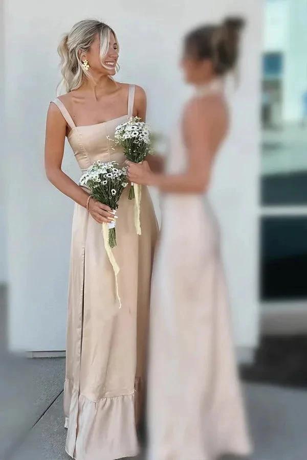 Lace Up A-Line Champagne Bridesmaid Dress with Slit BD122 by pgmdress