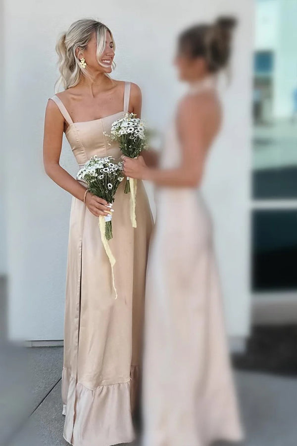 Lace Up A-Line Champagne Bridesmaid Dress with Slit BD122 Main Image