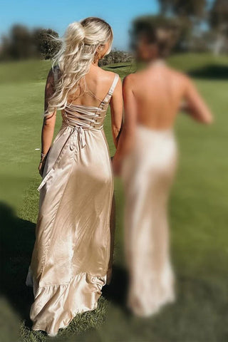 Champagnerfarbenes Brautjungfernkleid mit Schnürung und Schlitz BD122