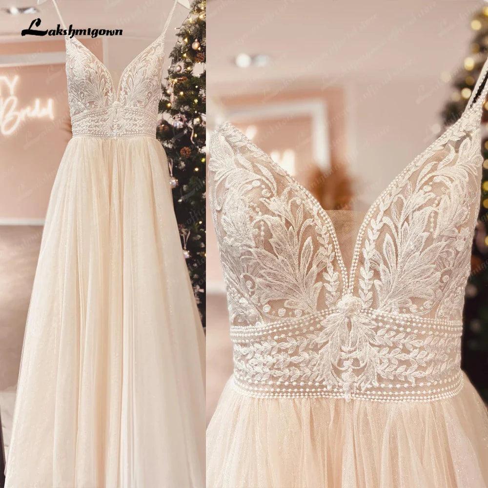Spaghetti Straps Champagne Boho Wedding Dress For Women Vestido Civil Bridal Church Wedding Gowns suknie slubne