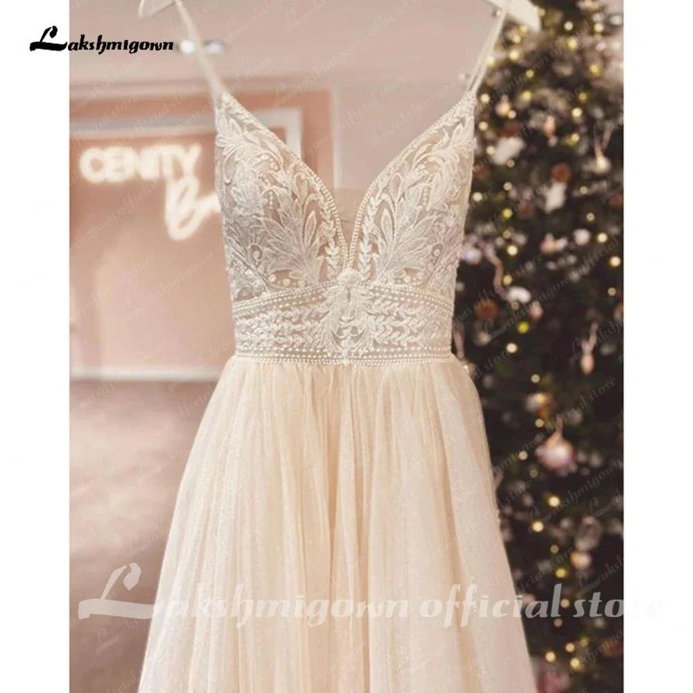 Spaghetti Straps Champagne Boho Wedding Dress For Women Vestido Civil Bridal Church Wedding Gowns suknie slubne
