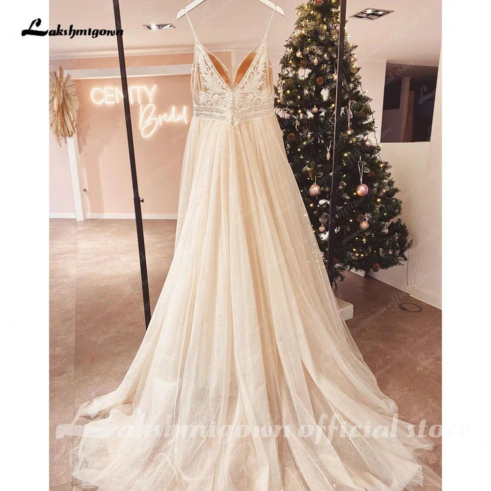 Spaghetti Straps Champagne Boho Wedding Dress For Women Vestido Civil Bridal Church Wedding Gowns suknie slubne