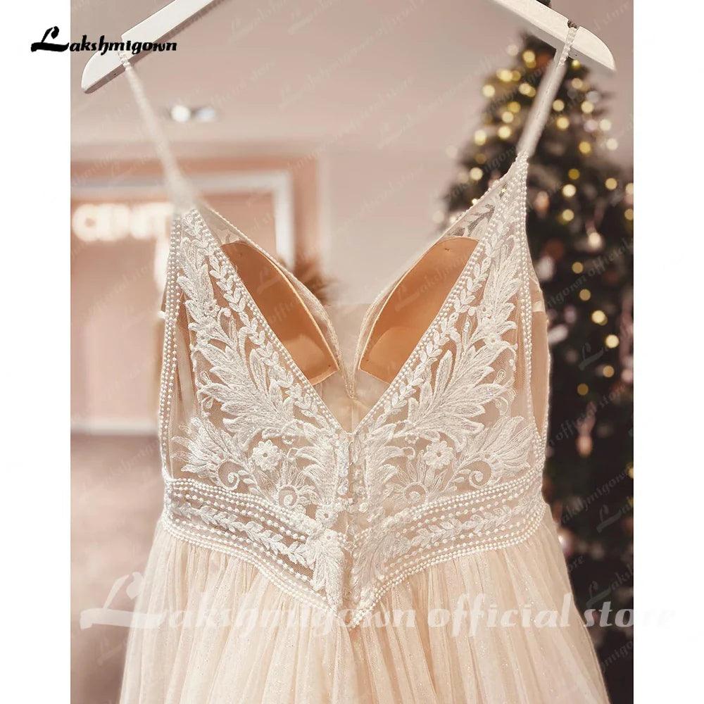 Spaghetti Straps Champagne Boho Wedding Dress For Women Vestido Civil Bridal Church Wedding Gowns suknie slubne
