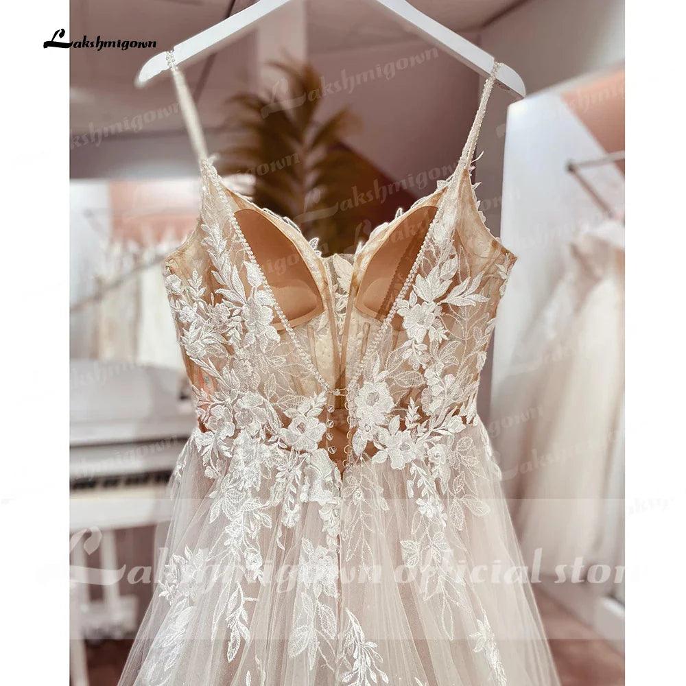 Spaghetti Straps Lace Wedding Dress Open Back Civil Bridal Bohemian Wedding Gowns Vestidos de Nova