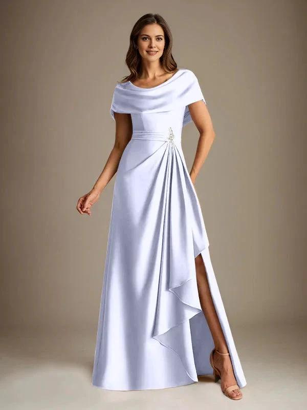 A-Line Scoop Floor-Length Stretch Satin Mother of the Bride Dress With Cascading Ruffles by Dreamylily
