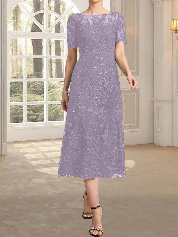 A-line Scoop Illusion Tea-Length Lace Mother of the Bride Dress With Sequins by Dreamylily