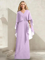 A-line V-Neck Floor-Length Chiffon Mother of the Bride Dress With Cascading Ruffles Beading by Dreamylily