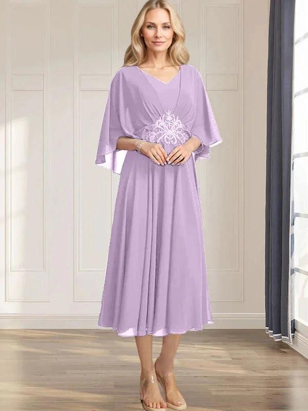 A-line V-Neck Tea-Length Chiffon Mother of the Bride Dress With Pleated Sequins Appliques Lace Beadind by Dreamylily