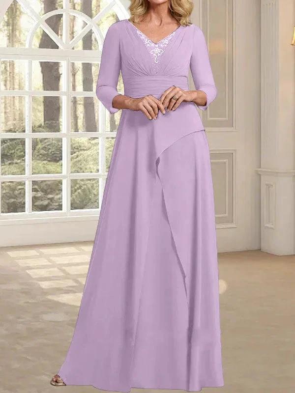A-line V-Neck Floor-Length Chiffon Mother of the Bride Dress With Pleated Beading by Dreamylily