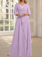A-line V-Neck Floor-Length Chiffon Mother of the Bride Dress With Pleated Beading by Dreamylily