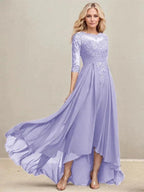 A-line Scoop Illusion Asymmetrical Lace Chiffon Mother of the Bride Dress With Pleated Sequins by Dreamylily