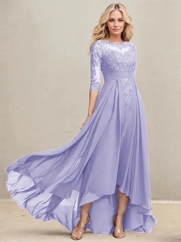 A-line Scoop Illusion Asymmetrical Lace Chiffon Mother of the Bride Dress With Pleated Sequins by Dreamylily