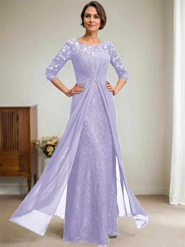 A-Line Scoop Illusion Floor-Length Lace Chiffon Mother Of the Bride Dress With Beading Ruffles by Dreamylily