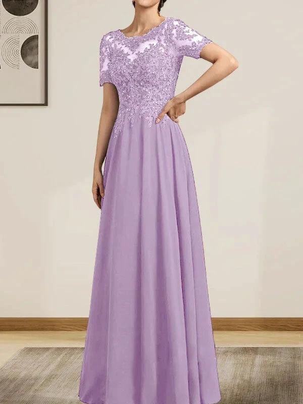 A-line Scoop Illusion Floor-Length Chiffon Lace Mother of the Bride Dress With Sequins Beading by Dreamylily