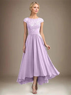 A-line Scoop Illusion Asymmetrical Lace Chiffon Mother of the Bride Dress With Pleated by Dreamylily