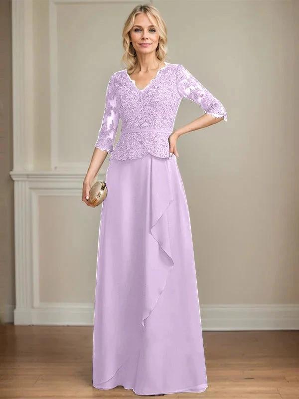 A-line V-Neck Floor-Length Lace Chiffon Mother of the Bride Dress With Cascading Ruffles Sequins by Dreamylily