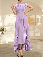 A-line Scoop Illusion Asymmetrical Chiffon Lace Mother of the Bride Dress With Bow Ruffle Sequins by Dreamylily