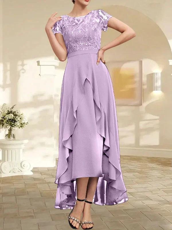 A-line Scoop Illusion Asymmetrical Chiffon Lace Mother of the Bride Dress With Bow Ruffle Sequins by Dreamylily