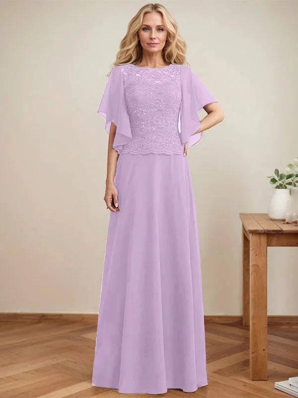 A-line Scoop Illusion Floor-Length Lace Chiffon Mother of the Bride Dress With Sequins by Dreamylily