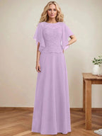 A-line Scoop Illusion Floor-Length Lace Chiffon Mother of the Bride Dress With Sequins by Dreamylily