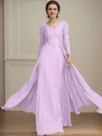 A-line V-Neck Floor-Length Lace Chiffon Mother of the Bride Dress With Sequins by Dreamylily