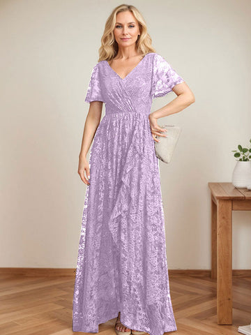 A-Line V-Neck Asymmetrical Lace Mother of the Bride Dress With Cascading Ruffles