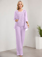 Separates Jumpsuit/Pantsuit Scoop Floor-Length Lace Chiffon Mother of the Bride Dress With Sequins