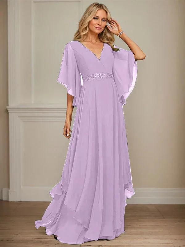 A-line V-Neck Floor-Length Chiffon Mother of the Bride Dress With Sequins Appliques Lace Beading by Dreamylily