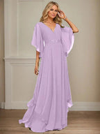 A-line V-Neck Floor-Length Chiffon Mother of the Bride Dress With Sequins Appliques Lace Beading by Dreamylily