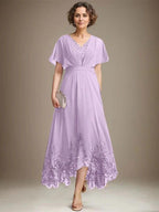 A-line V-Neck Asymmetrical Lace Chiffon Mother of the Bride Dress With Pleated by Dreamylily